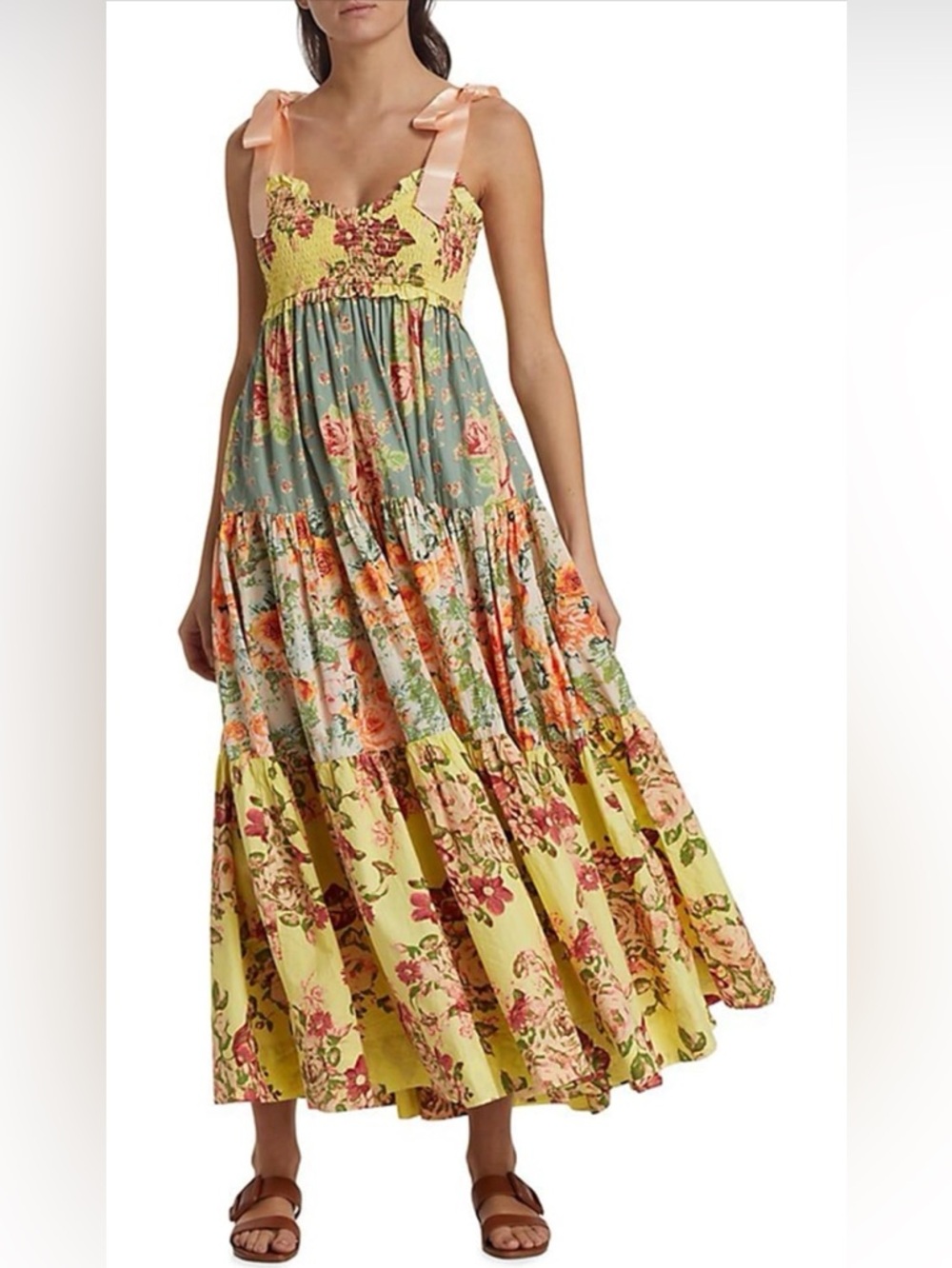 FREE PEOPLE Floral Tiered Maxi Dress with Pink Bow Straps XS - Picture 8 of 11